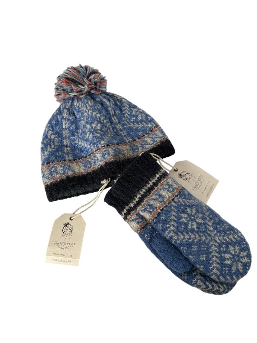 French Knot Novelty BRRR Handmade Wool Fair Isle Nordic Hat & Mittens Set NWT